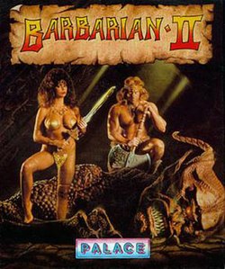 A large, scaly, horned creature lies fallen on a cracked floor. A busty woman, wearing a metallic bikini and brandishing a sword, stands on its arm. A man, wearing a loincloth, squats astride the corpse while leaning on his battle axe. The words "Barbarian II" are emblazoned at the top in a banner.