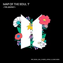 Black square with a white logo resembling inward opening doors at the center surrounded by red, white, yellow and pink flowers. The words "MAP OF THE SOUL 7 THE JOURNEY ~THE JOURNEY~" are written in white, uppercase lettering in the upper left corner of the square. "RM, JIN, SUGA, J-HOPE, JIMIN, V, JUNG KOOK" is written in the lower right corner.