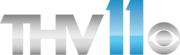 A shiny silver "T H V" in a sans serif next to a blue 11 in a sans serif and the CBS eye.