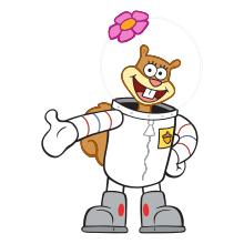 A light brown smiling cartoon squirrel wears a white diving suit with a pink flower on her clear helmet.