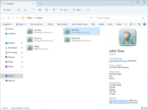 Složka Kontakty v Průzkumníkovi Windows v systému Windows 7, která zobrazuje ukázkové kontakty.