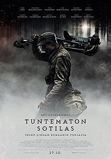 A theatrical release poster of the movie featuring a Finnish soldier carrying a machine gun tripod through a smoky forest.