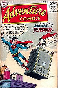 Krypto, with Superboy, in his first appearance, from Adventure Comics #210 (March 1955). Art by Curt Swan and Stan Kaye. The interior story was done by Curt Swan and Sy Barry Krypto1st.jpg