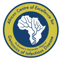 Logo showing the map of Africa with DNA strands and phylogenetic tree; African Centre of Excellence for Genomics of Infectious Diseases written on it
