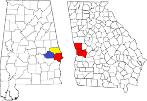 Location of the Columbus, Georgia-Auburn, Alabama CSA and its counties:  Columbus, Georgia Metropolitan Statistical Area  Auburn, Alabama Metropolitan Statistical Area  Tuskegee, Alabama Micropolitan Statistical Area (defunct)