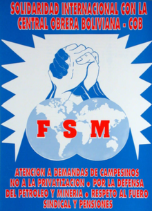 WFTU poster urging solidarity with the Bolivian Workers' Center Fsm-cob-poster.png