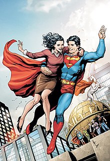 Superman carrying Lois in the air over the Daily Planet, smiling