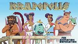 The main characters of Krapopolis (From left to right) Shlub, Deliria, Hippocampus, Tyrannis, And Stupendous Krapopolisseason1poster.jpg