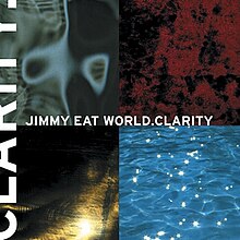 Изображение 2x2 из 4 разных фотографий, в том числе внутри тела, красные отпечатки пальцев, свет и океан. Слова «JIMMY EAT WORLD.CLARITY» можно увидеть вместе с изображением. Большое слово «ЯСНОСТЬ». можно увидеть слева от изображения.
