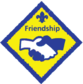 Diamond yellow and blue badge with two hands shaking: Friendship challenge