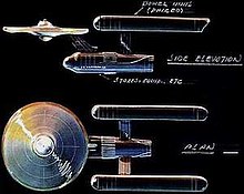 An overhead and side elevation of the starship Enterprise.