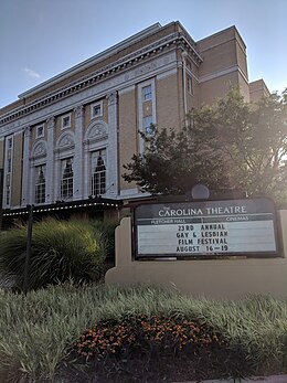 Front of the Carolina Theatre, in Durham, North Carolina, with marquee featuring announcement of the film festival's dates in 2018