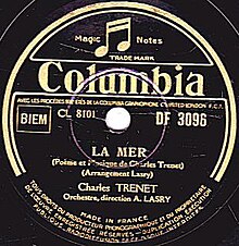 Charles Trenet, La Mer, A side, Columbia Record, March, 1946.jpg