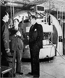Enrico Fermi, John R. Dunning, and Dana P. Mitchell in front of the cyclotron in the basement of Pupin Hall at Columbia University, 1940 John R Dunning with Cyclotron in Pupin Hall at Columbia University.jpg