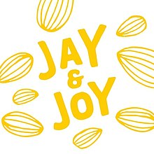 Jay and Joy's logo: "JAY & JOY" in big straight handwriting, surrounded by drawn almonds. All in yellow and white.