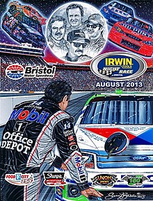2013 Irwin Tools Night Race program cover created by Sam Bass, showing Tony Stewart throwing his helmet at Matt Kenseth's car from last year's race. The painting is called "Bristol Battles!"