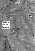 CTX context image for next image that was taken with HiRISE. Note long ridge going across image is probably an old stream. Box indicates area for HiRISE image. Image located in Margaritifer Sinus quadrangle.