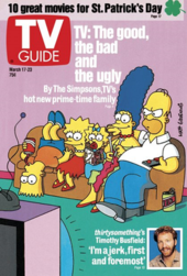A TV Guide cover from the March 17-23, 1990, issue. The cover story illustrated in the issue focused on the breakout success of the then-freshman Fox series The Simpsons; an interview with Thirtysomething star Timothy Busfield is also previewed in this cover. TV Guide magazine cover.png