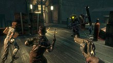 A Big Daddy defends a Little Sister (both on the right) from two Splicers, while the player watches. Bioshock enemies.jpg