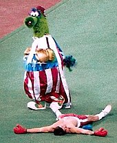 The Phillie Phanatic dressed as Rocky Balboa during a game at Veterans Stadium on Opening Day, 1986. Phillies Phanatic2a.jpg
