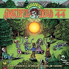 In a forest clearing, Deadhead skeletons dancing in a ring around the sun