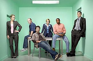 The cast of Psych, from left to right: Maggie ...