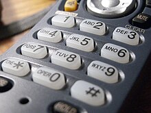 Letters of the alphabet are mapped to the digits of the telephone dial pad. Telephone keys.JPG