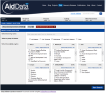 A screenshot of the AidData data interface, which allows users to search through development aid projects based on specific criteria, such as donor, recipient, project purpose and activities, and year. AidData interface.png