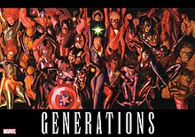 The images shows eleven pairs of superheroes across a black background with the word "Generations" written in all capital letters, underneath.