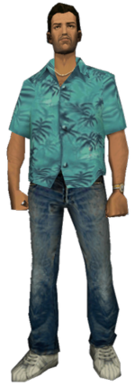 A computer generated image of a brown haired man. He wears a blue shirt with dark blue trees as the design, blue jeans and white sneakers.