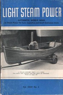 A magazine cover, showing a small steam launch
