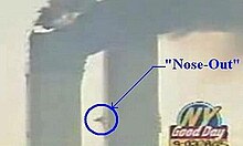 The "no-plane theory", promoted via Internet videos, claims that this shot of the second impact, taken from a news helicopter, depicts a video composite of a Boeing 767 accidentally appearing from behind a Layer Mask. Noseoutframe.jpg