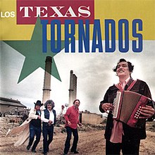 Texas Tornados playing music with a tornado in the background.