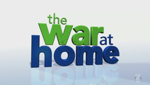 The name of the show written all in lowercase with the word "the" at the top in green color, the words "war at" under it while the word "war" is in green color and the word "at" in blue color and the word "home" is under that in blue color.
