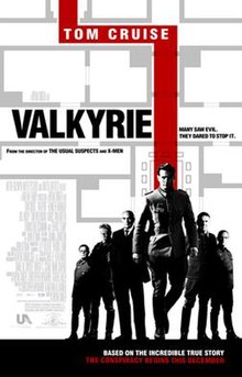 On a white background are gray lines showing floor plans of a building. Below the lines are a group of six men wearing German army uniforms and business suits, with one prominently in front of the group. A red line traces through the floor plans and behind the front man. Beside the line is the word "VALKYRIE", and within the line in smaller print is "TOM CRUISE".