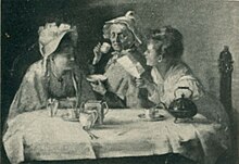 Black and white photo of a painting of three women having tea at a table.