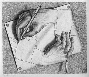 M. C. Escher âˆ’ Drawing Hands, 1948.