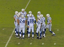 The Colts offense huddles during a 2009 game against the Jacksonville Jaguars. Peyton Manning huddle.jpg