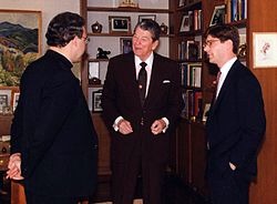 Acton founders Robert Sirico (left) and Kris Mauren (right) with Ronald Reagan in his library Sirico Reagan Mauren.jpg