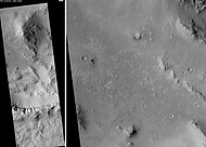 Persbo Crater Floor, as seen by HiRISE. Scale bar is 500 meters long. Impacts into floor reached a layer of light-toned materials. These materials were then thrown out over a slightly darker surface. Light-toned materials may be hydrated minerals like sulfate.