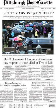 Първа страница на Pittsburgh Post-Gazette - 2 ноември 2018 г.