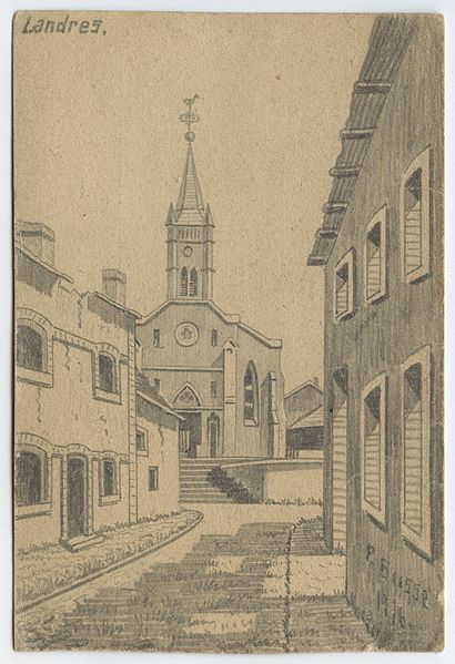 File:Landres - 1916.pencil-sketch art postcard.signed P. Busse.1916.Wittig collection.item 58.obverse.scan.01(cropped).jpg