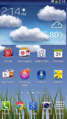 A homescreen of TouchWiz as of 2013, on a Samsung Galaxy S4 Galaxy S4 with TouchWiz.png