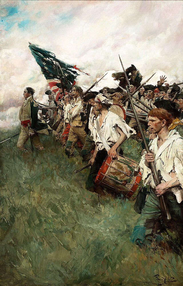 Painting showing a line of somewhat tattered but determined American soldiers marching into battle, led by an officer on foot
