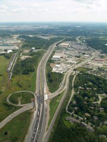 An aerial view of a freeway interchange