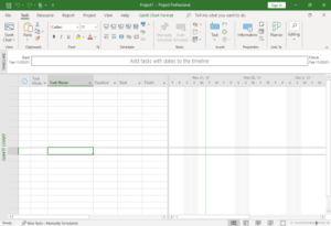 Snímek obrazovky Microsoft Project 2013 zobrazující prázdný projekt