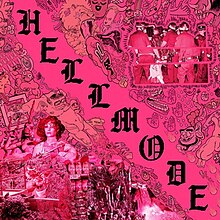 A pink-tinted collage of photos and drawings with "HELLMODE" written in a blackletter font across the middle