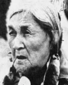 An elderly Siksika woman, grey hair parted and in braids, from a 1988 newspaper