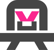 Angryman, a robot mascot with pink eyes