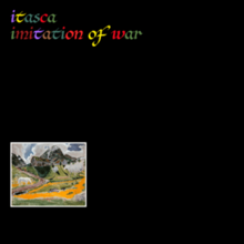 A black image with the artist name and album title printed at the top in different colored letters, with a small painting of a road over a river going up a hill in the bottom-left corner